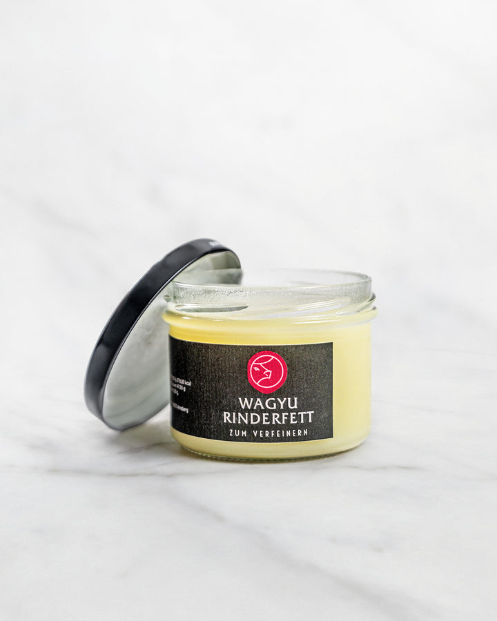 Wagyu Rinderfett im Glas, authentisch verarbeitet, Fett zum verfeinern