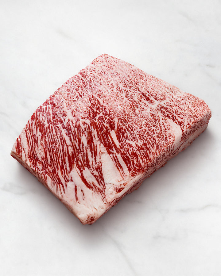 Short-Rib Bone In auf weißem Hintergrund, Wagyu Shortribs stark marmoriert, perfekt zum schmoren, Short Ribs mit Knochen am Stück